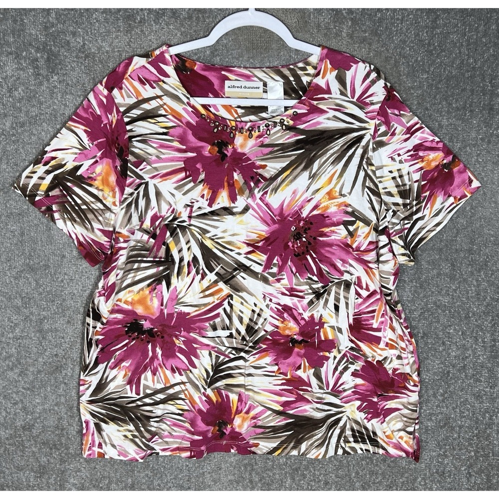 Alfred Dunner Top Womens Size 1X Magenta Tropical Floral Stretch Beaded Neckline